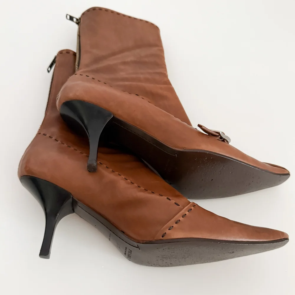 Prada Vintage Brown Leather Stitched Buckle Boot Heels (US 7.5